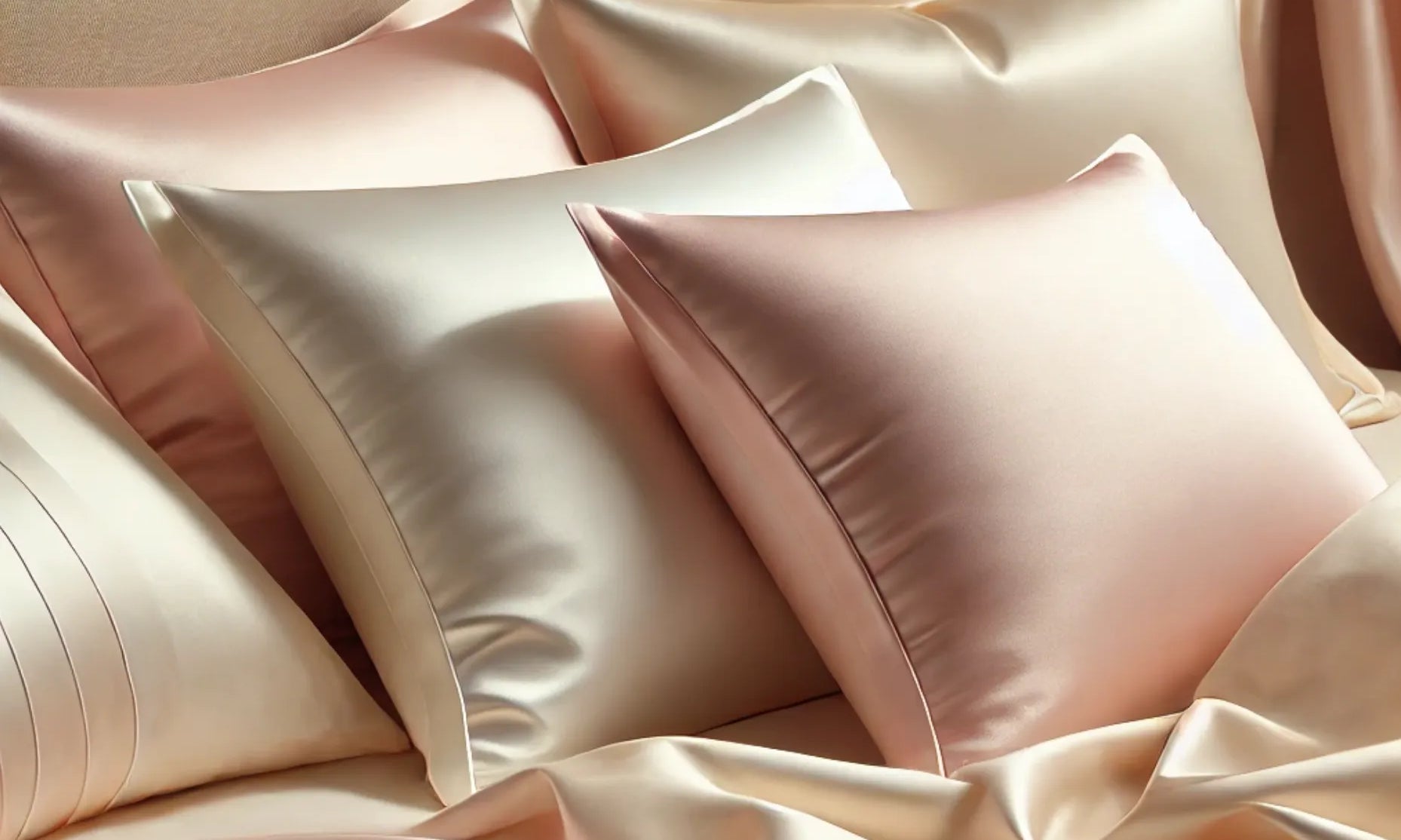 Silk bedding in soft pink and cream tones representing sustainable luxury