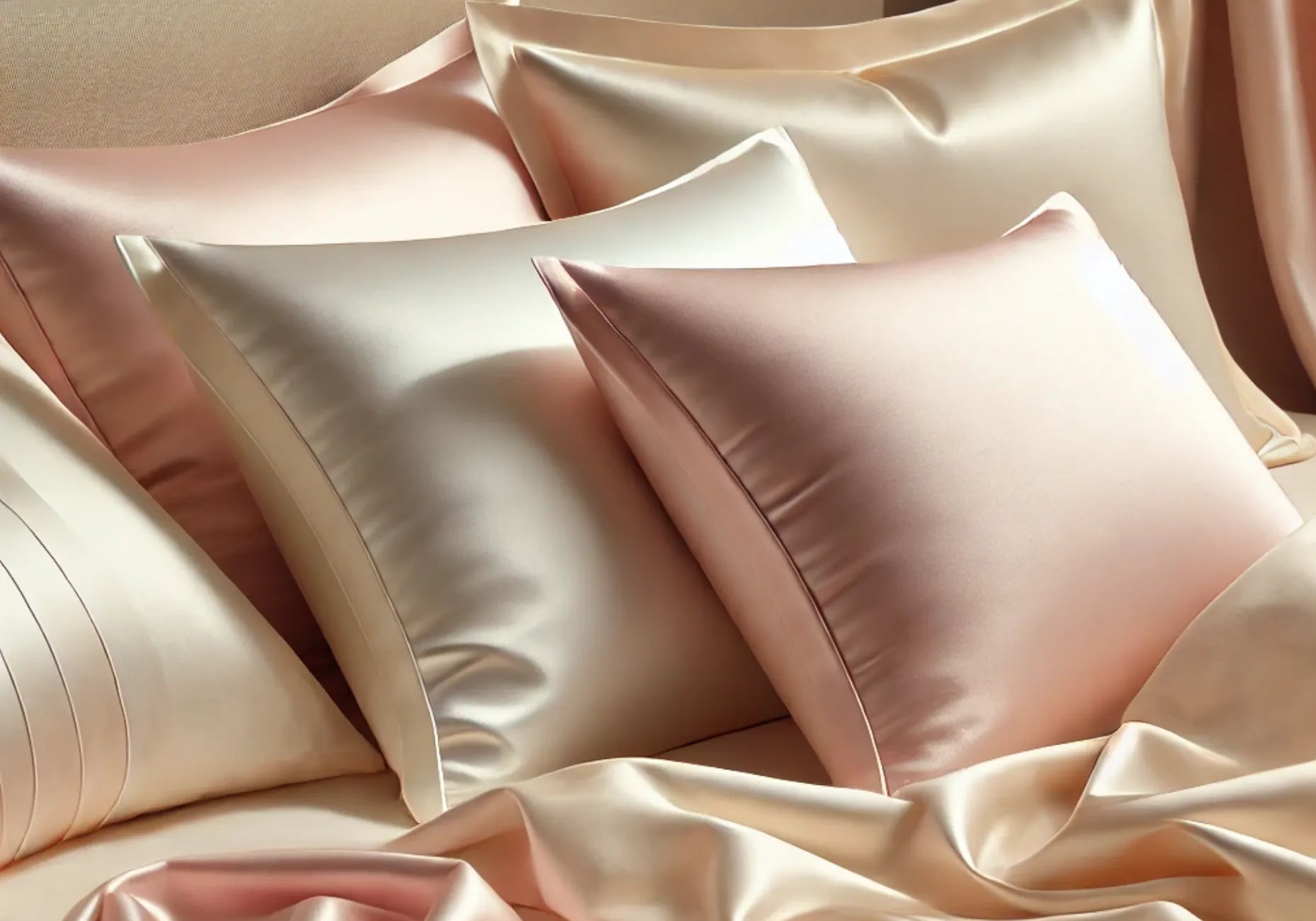 Silk bedding in soft pink and cream tones representing sustainable luxury