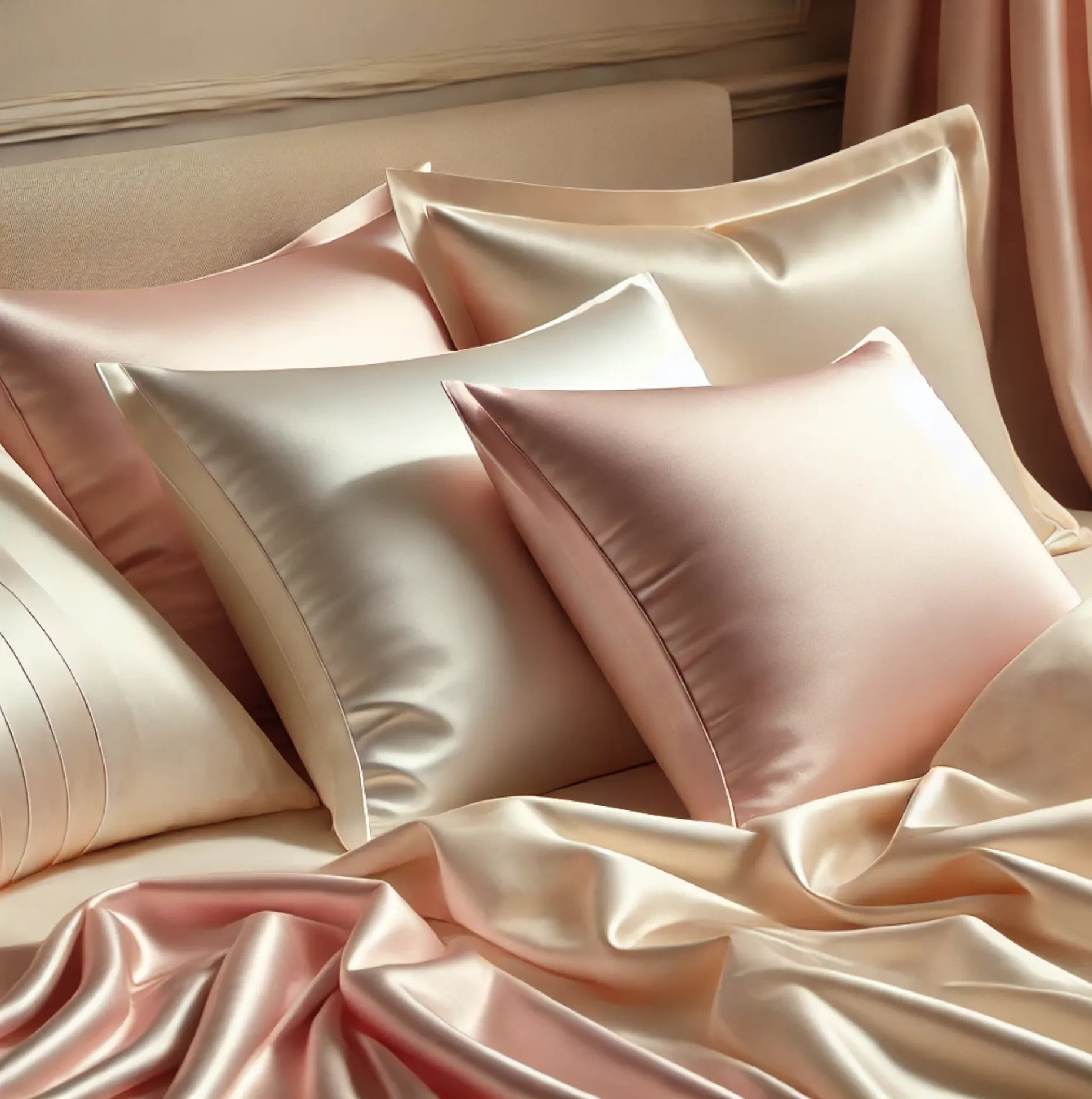Silk bedding in soft pink and cream tones representing sustainable luxury