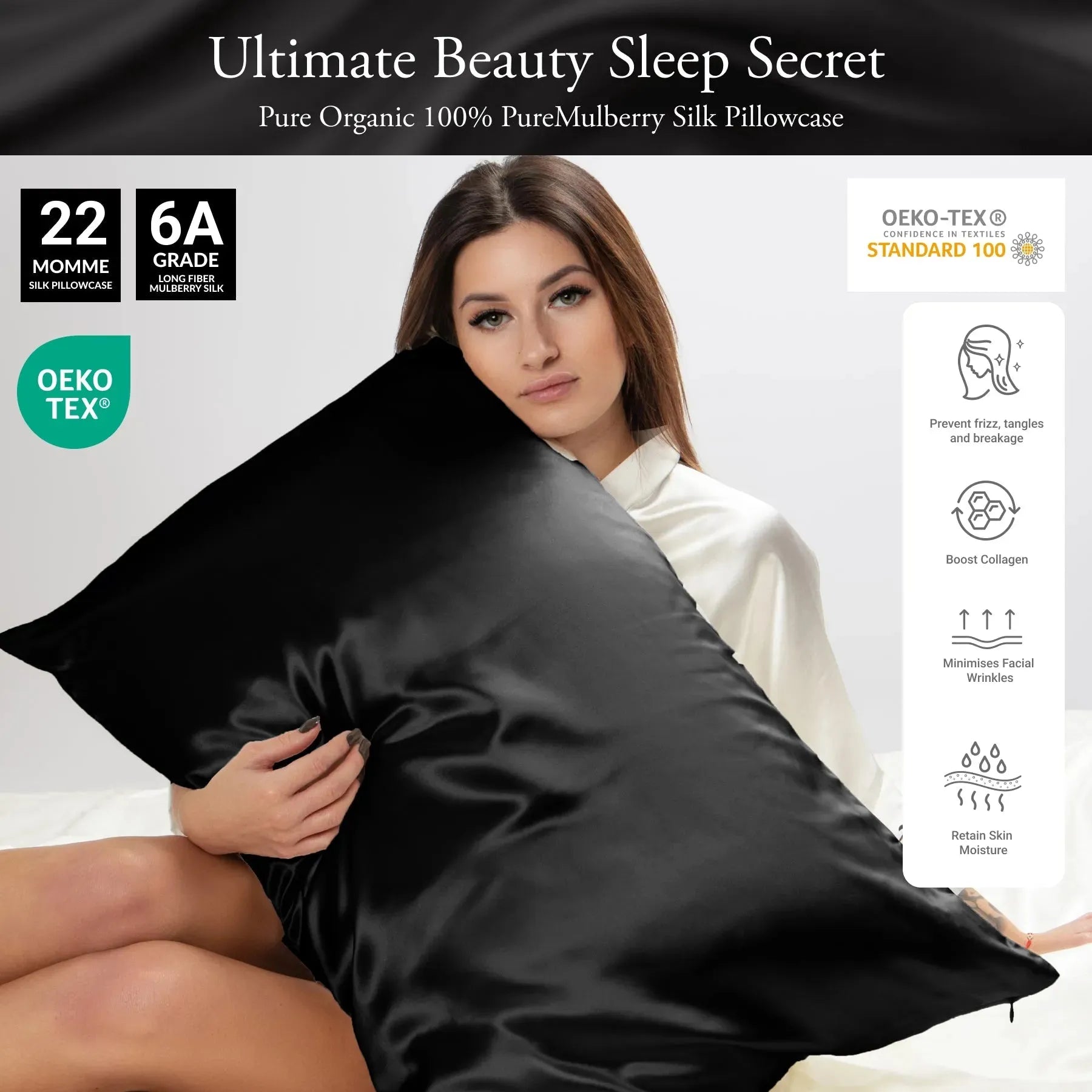 Black Silk Pillowcase - 22 Momme Pure Mulberry Silk Pillowcase UK