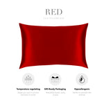 a red silk pillowcase with three icons representing different properties: temperature regulating, gift-ready packaging, and hypoallergenic.