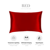 a red silk pillowcase with three icons representing different properties: temperature regulating, gift-ready packaging, and hypoallergenic.