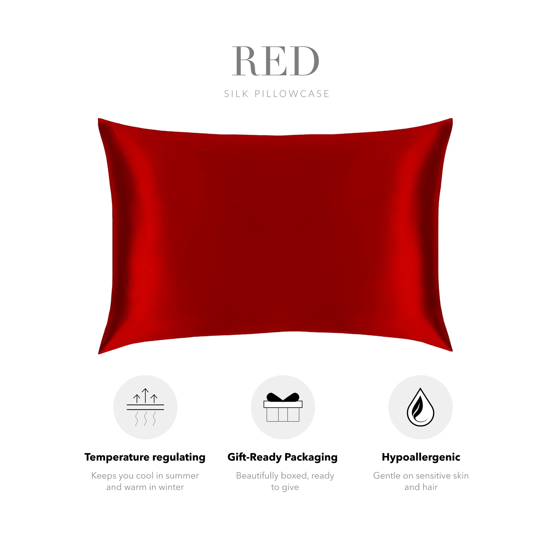 a red silk pillowcase with three icons representing different properties: temperature regulating, gift-ready packaging, and hypoallergenic.