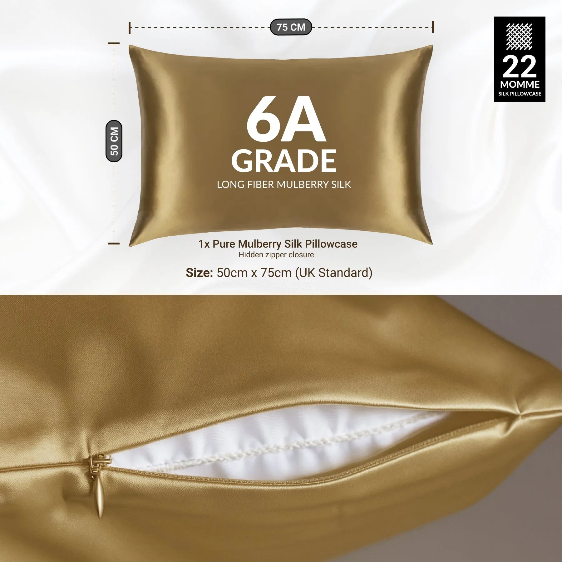 Gold Silk Pillowcase - 22 Momme Pure Mulberry Silk Pillowcase UK