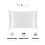 a white silk pillowcase with three icons representing different features: temperature regulating, gift-ready packaging, and hypoallergenic.