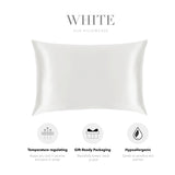 a white silk pillowcase with three icons representing different features: temperature regulating, gift-ready packaging, and hypoallergenic.