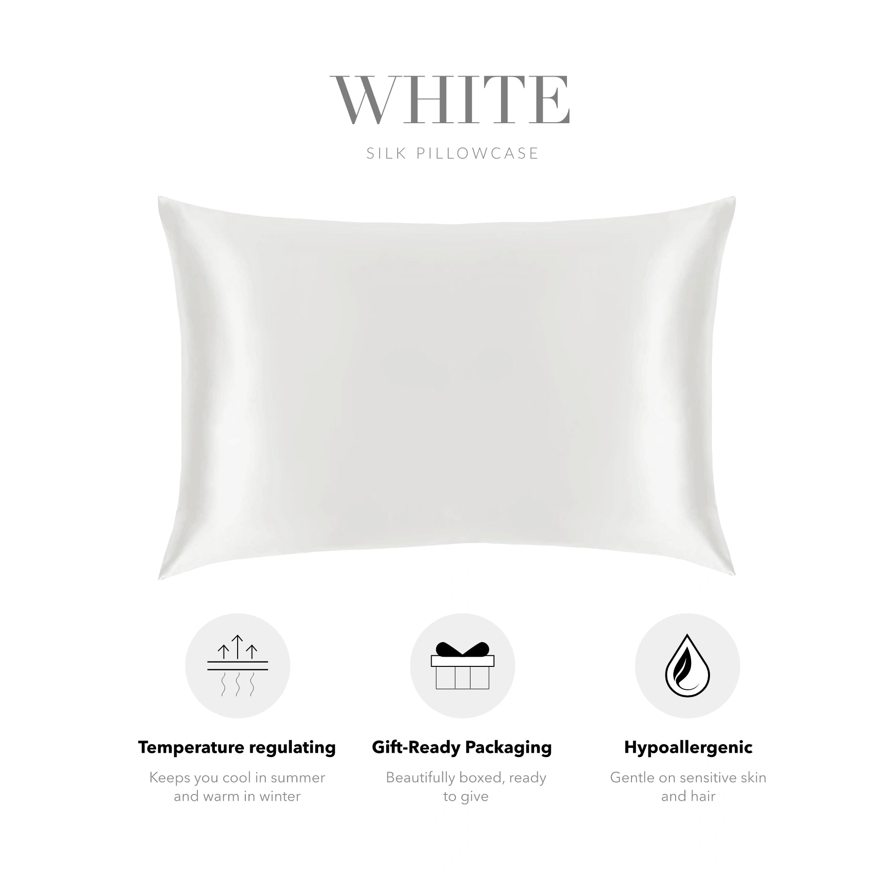 a white silk pillowcase with three icons representing different features: temperature regulating, gift-ready packaging, and hypoallergenic.
