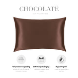 a brown silk pillowcase with various features highlighted in black text.