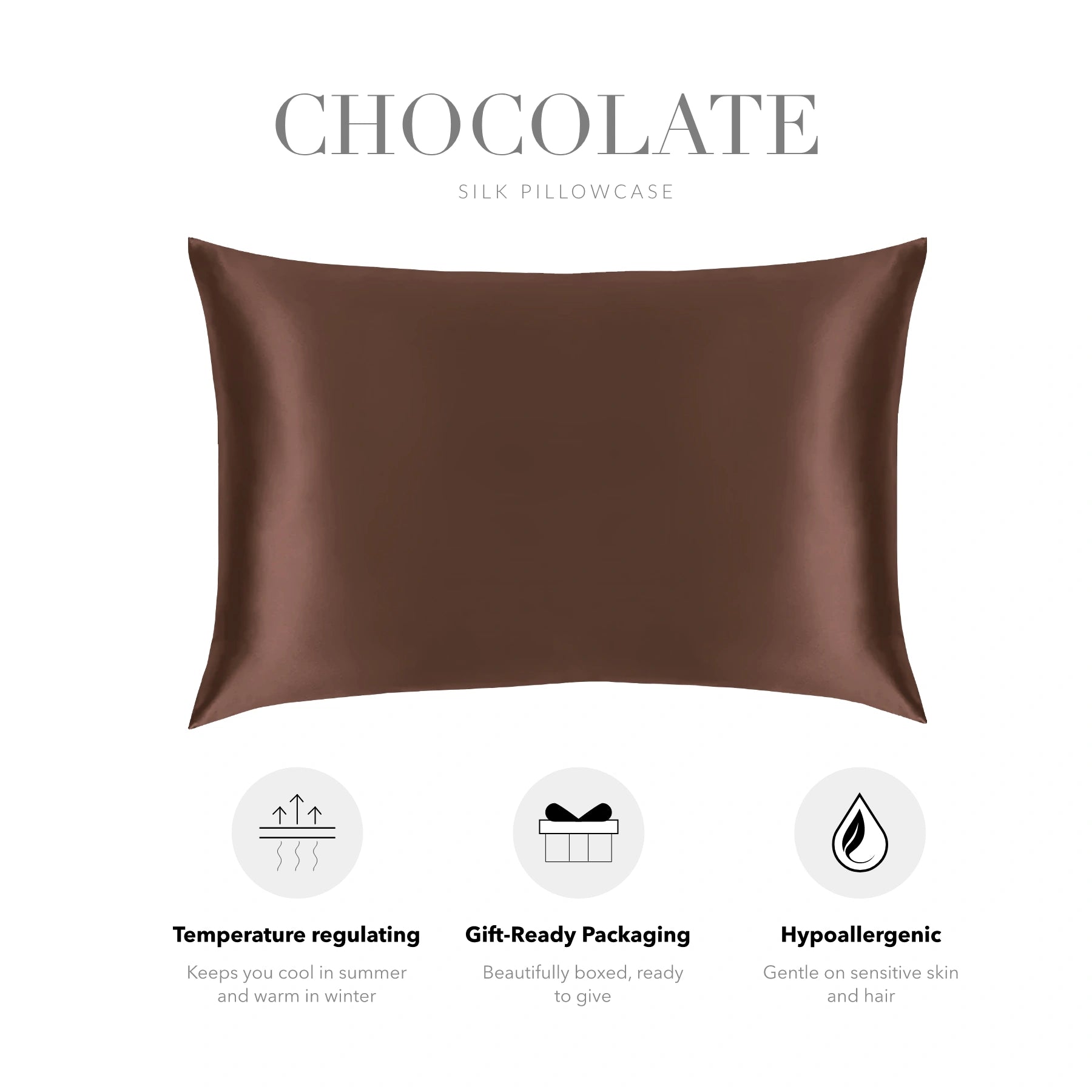 a brown silk pillowcase with various features highlighted in black text.