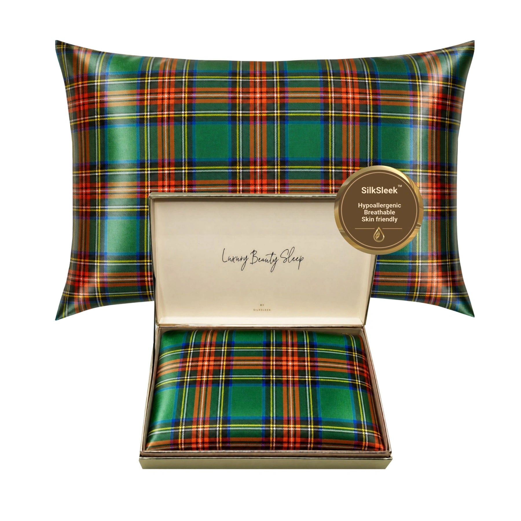 tartan green silk pillowcase