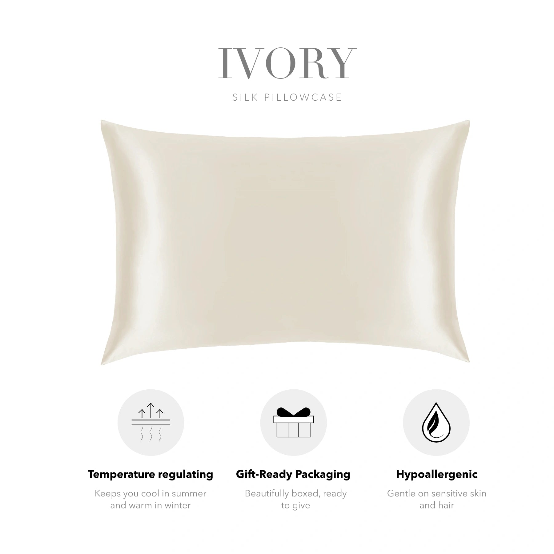 a single pillowcase with a white color and the word "IVORY" written above it.