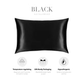 a black silk pillowcase with various descriptions of its features.