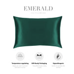 a green silk pillowcase with text and icons highlighting its features.