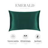 a green silk pillowcase with text and icons highlighting its features.