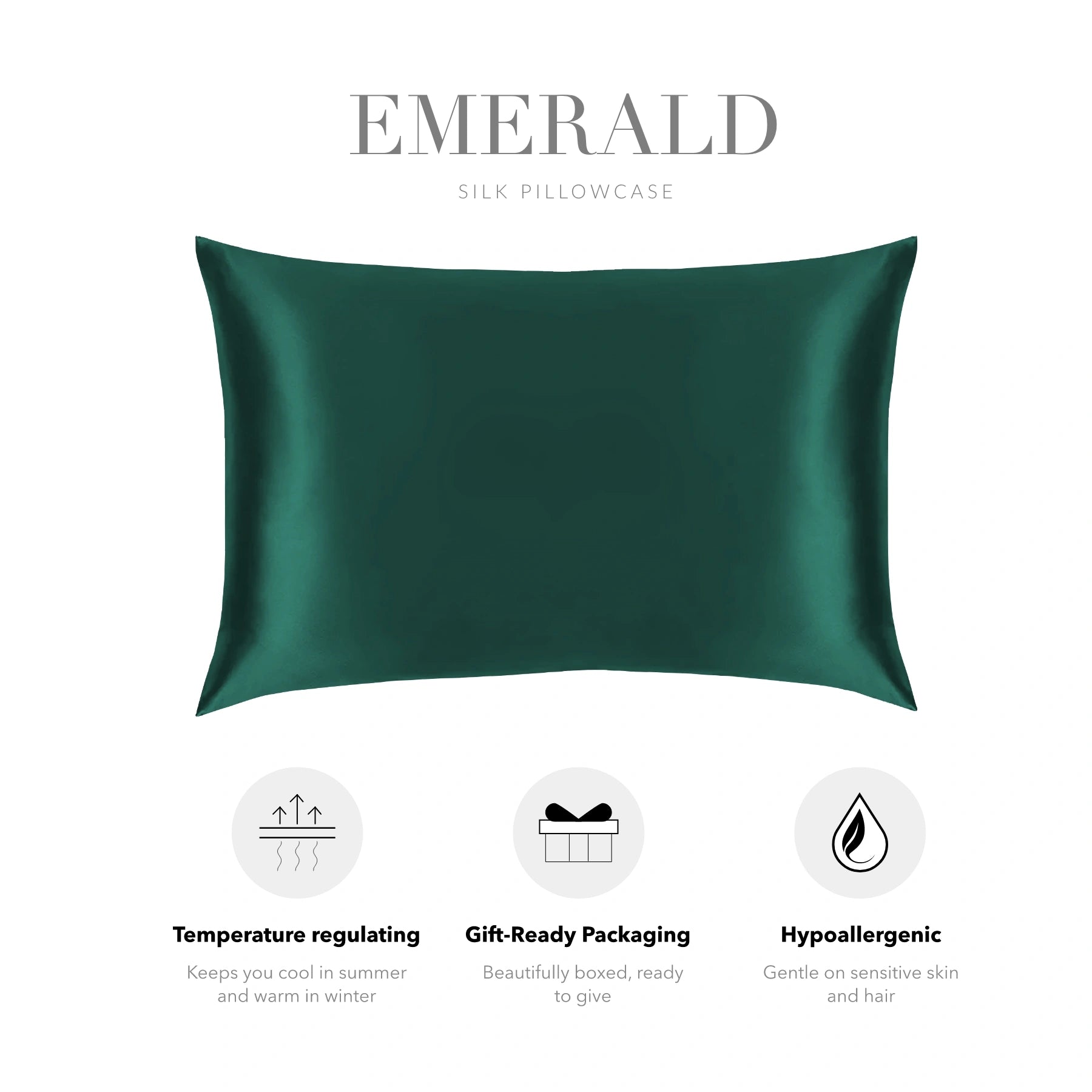 a green silk pillowcase with text and icons highlighting its features.