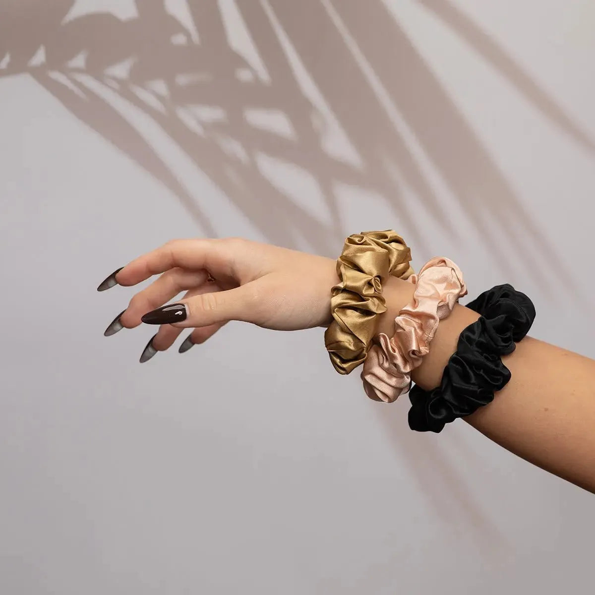 Large Silk Scrunchie Set Black Gold Rose Gold - Pure Mulberry Silk Hair Ties UK