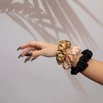 Large Silk Scrunchie Set Black Gold Rose Gold - Pure Mulberry Silk Hair Ties UK