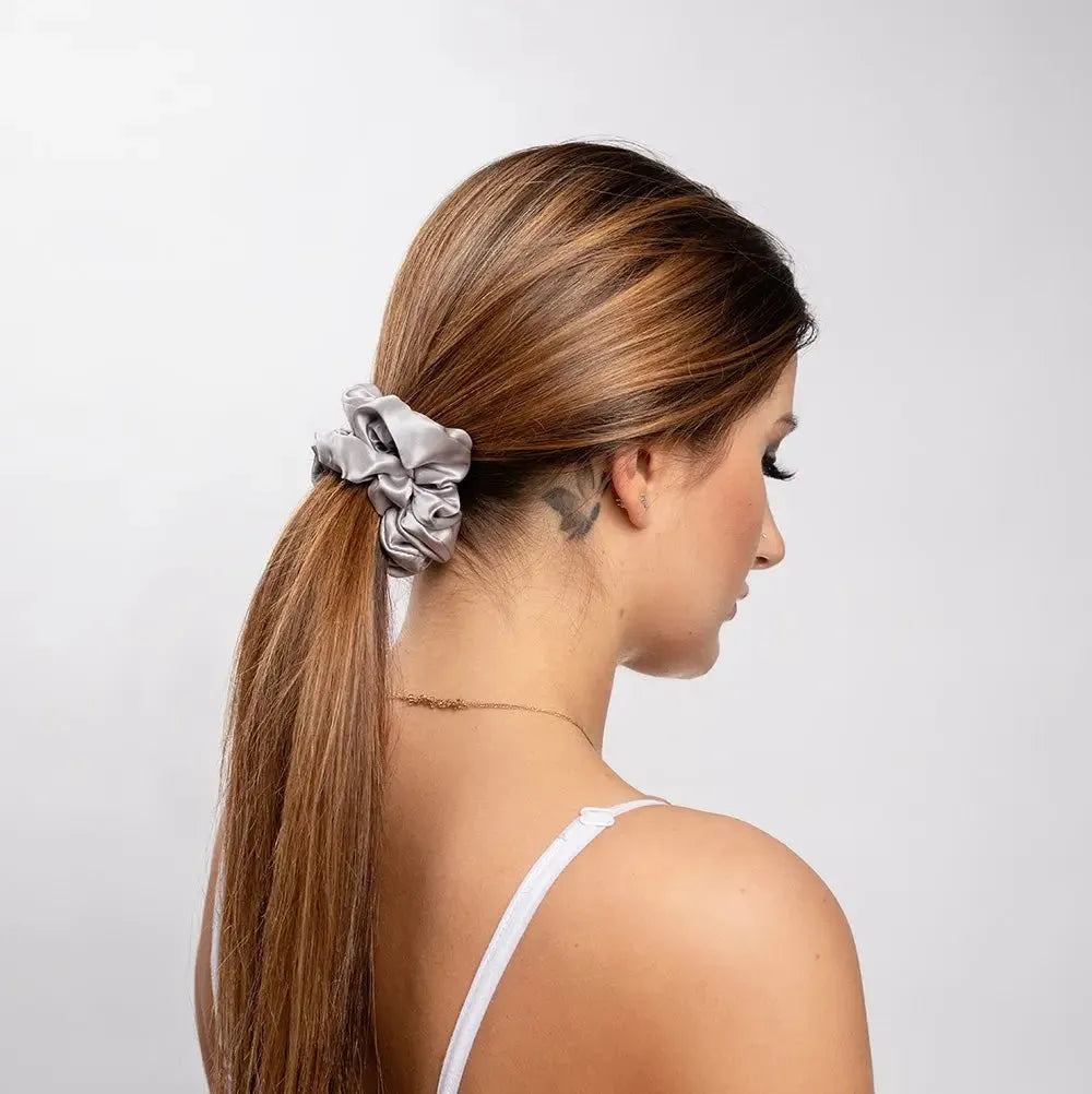 Large Silk Scrunchie Set Black Gold Silver - Pure Mulberry Silk Hair Ties UK