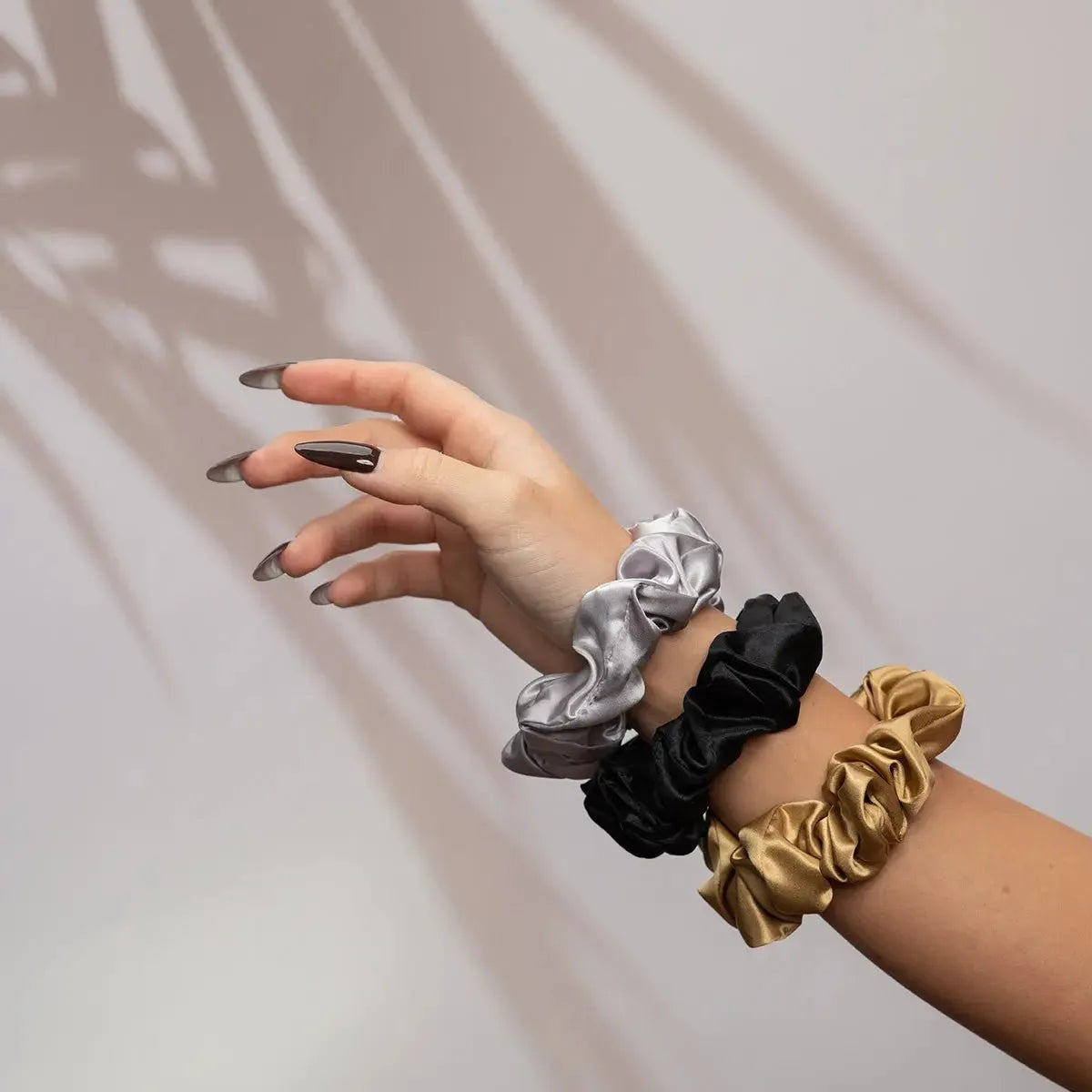 Large Silk Scrunchie Set Black Gold Silver - Pure Mulberry Silk Hair Ties UK
