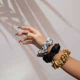 Large Silk Scrunchie Set Black Gold Silver - Pure Mulberry Silk Hair Ties UK