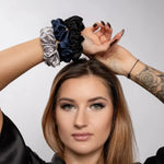 Large Silk Scrunchie Set Black Silver Navy - Pure Mulberry Silk Hair Ties UK