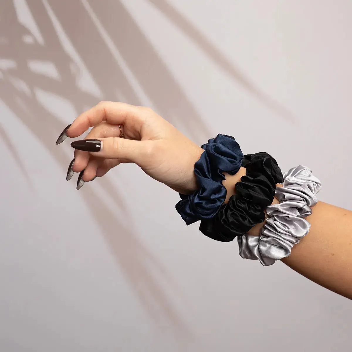 Large Silk Scrunchie Set Black Silver Navy - Pure Mulberry Silk Hair Ties UK