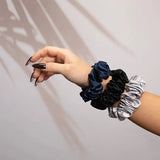 Large Silk Scrunchie Set Black Silver Navy - Pure Mulberry Silk Hair Ties UK
