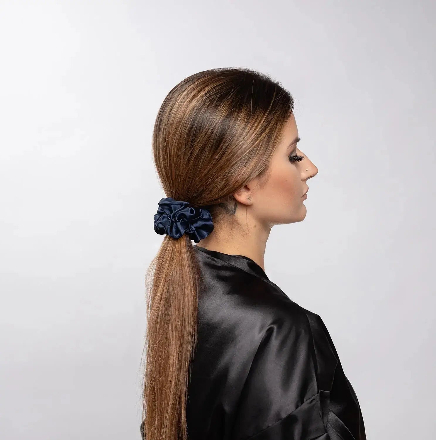 Large Silk Scrunchie Set Black Silver Navy - Pure Mulberry Silk Hair Ties UK