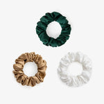 Large Silk Scrunchie Set Emerald Gold Pearl White - Pure Mulberry Silk Hair Ties UK