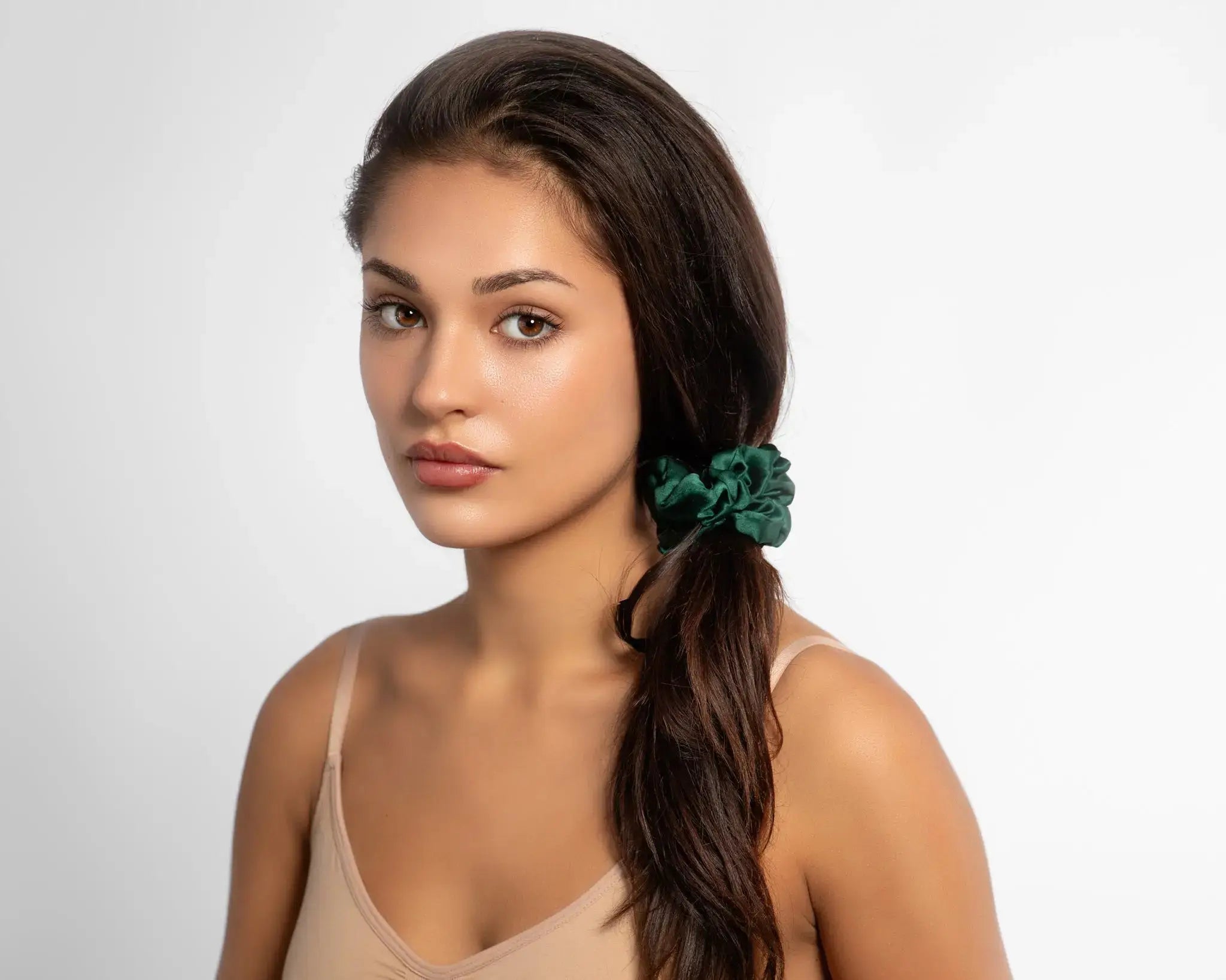 Large Silk Scrunchie Set Emerald Gold Pearl White - Pure Mulberry Silk Hair Ties UK