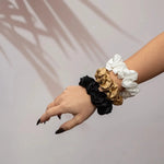 Large Silk Scrunchie Set Pearl White Gold Black - Pure Mulberry Silk Hair Ties UK