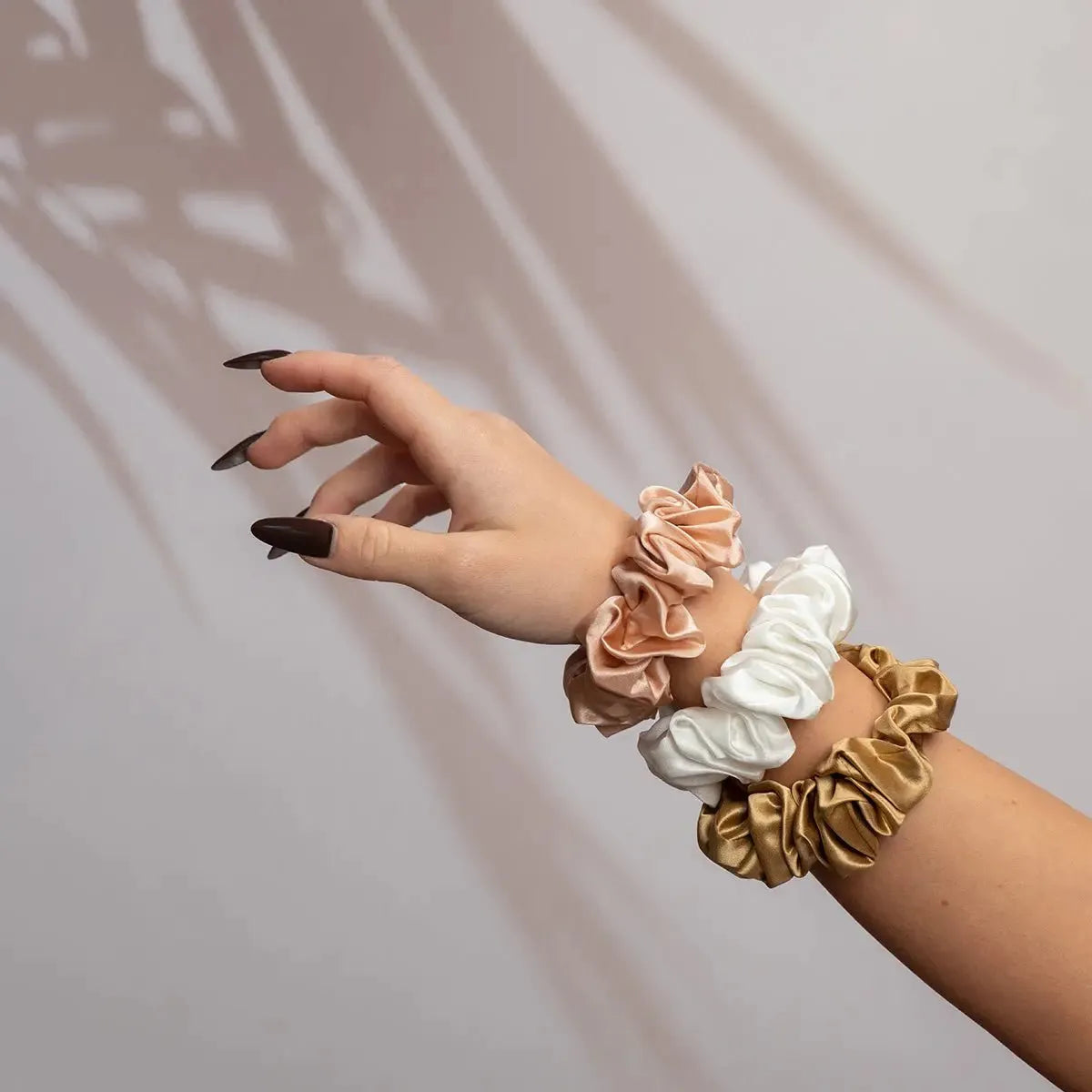 Large Silk Scrunchie Set Pearl White Gold Rose Gold - Pure Mulberry Silk Hair Ties UK