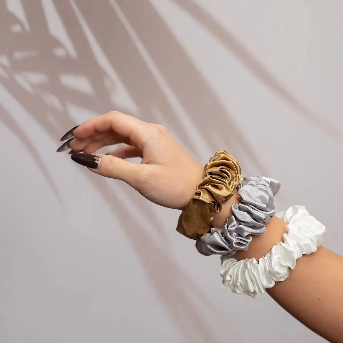 Large Silk Scrunchie Set Pearl White Gold Silver - Pure Mulberry Silk Hair Ties UK