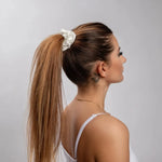 Large Silk Scrunchie Set Pearl White Gold Silver - Pure Mulberry Silk Hair Ties UK