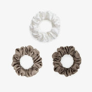 Large Silk Scrunchie Set Pearl White Oyster Chocolate - Pure Mulberry Silk Hair Ties UK