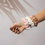 Large Silk Scrunchie Set Rose Gold Blush Pink Pearl White - Pure Mulberry Silk Hair Ties