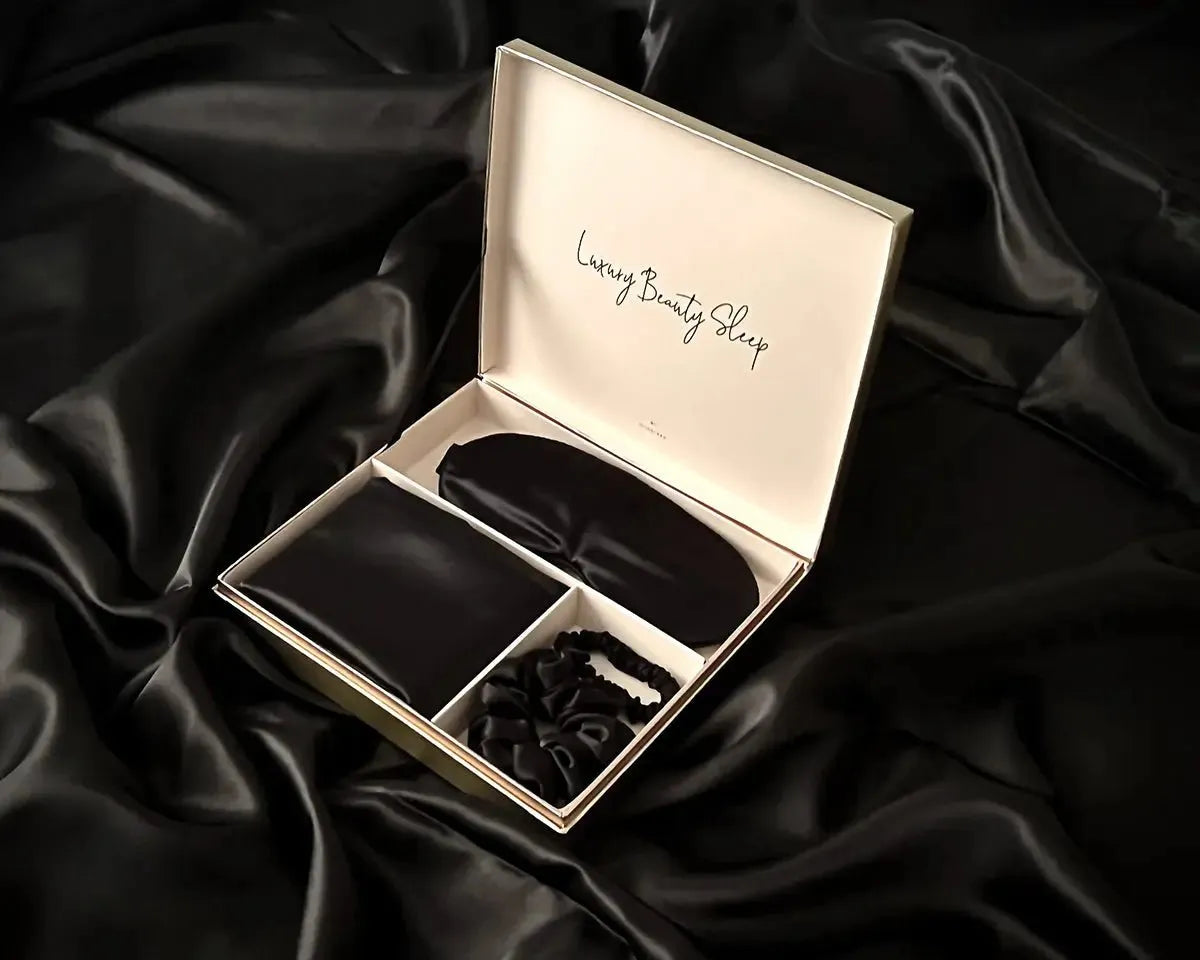 Ultimate Luxury Black Silk Gift Set - 22 Momme Mulberry Silk Pillowcase Eye Mask Scrunchies UK