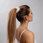 Pearl White Silk Scrunchie Large - Pure Mulberry Silk Hair Tie UK
