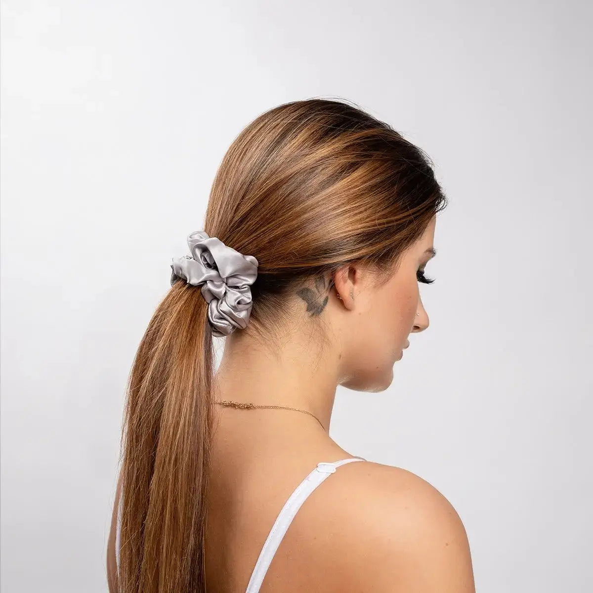 Silver Silk Scrunchie Large - Pure Mulberry Silk Hair Tie UK