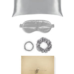 Silver Silk Gift Set - 22 Momme Mulberry Silk Pillowcase Eye Mask Scrunchies UK