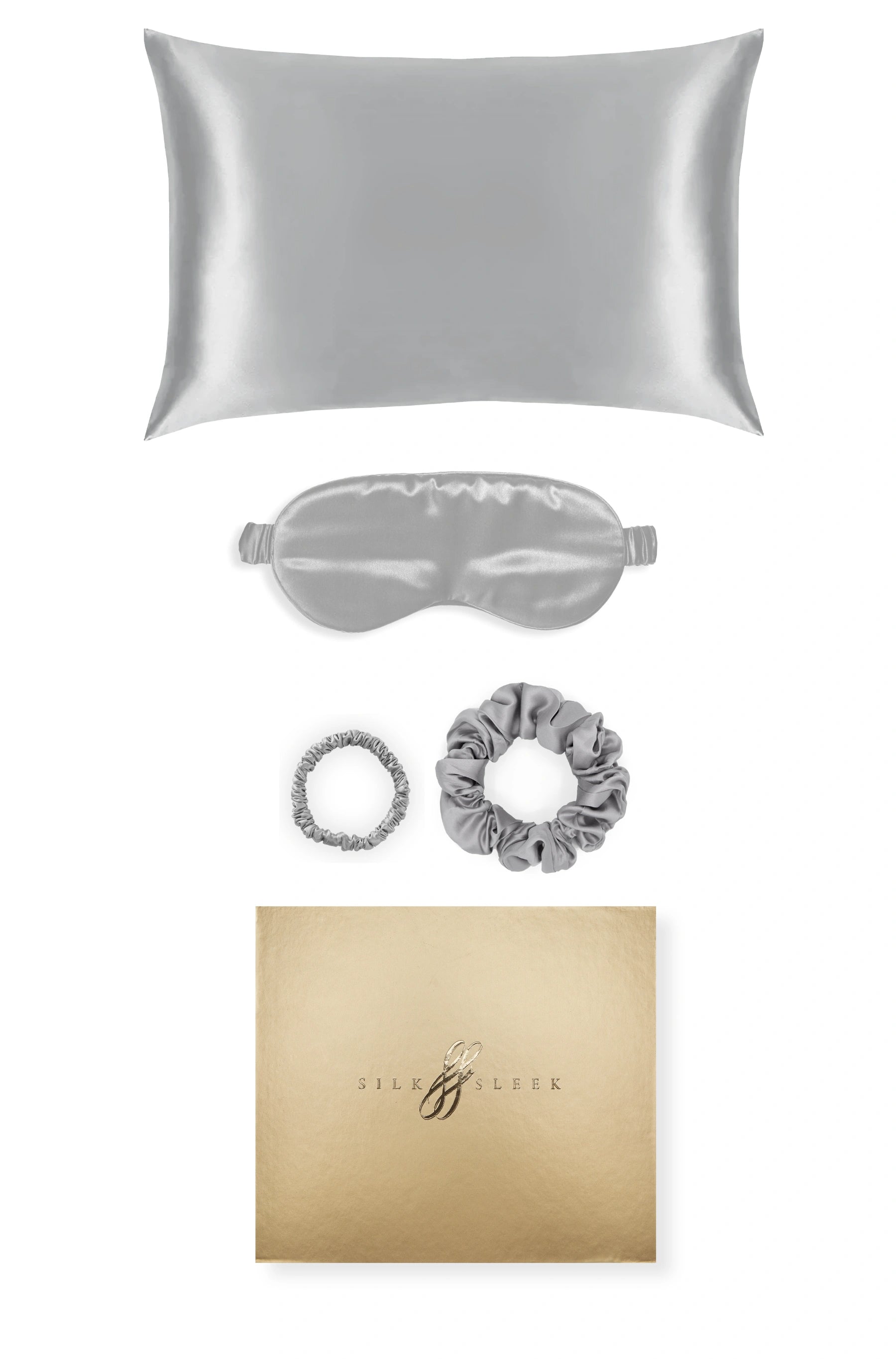 Silver Silk Gift Set - 22 Momme Mulberry Silk Pillowcase Eye Mask Scrunchies UK