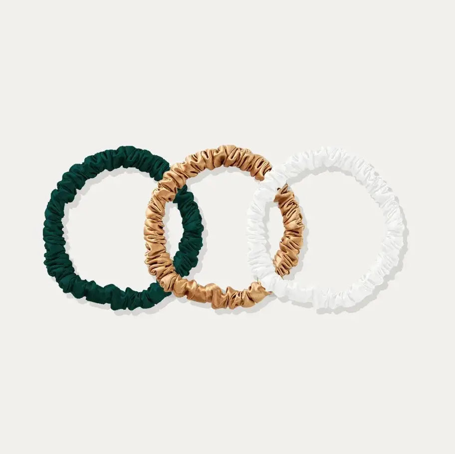 Skinny Silk Scrunchie Set - Emerald, Gold, Pearl White - SilkSleek