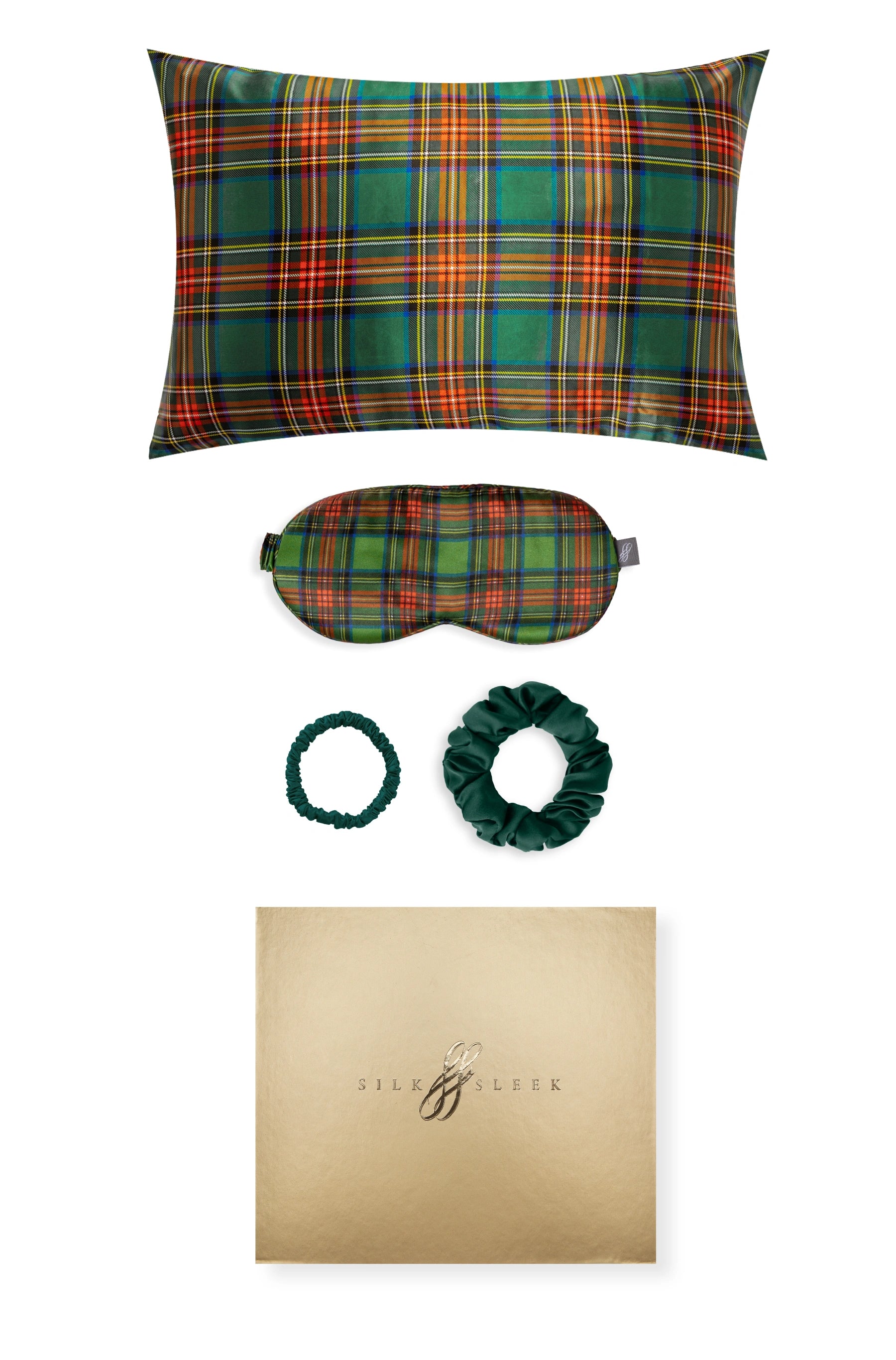 Tartan Green Silk Gift Set - 22 Momme Mulberry Silk Pillowcase Eye Mask Scrunchies UK