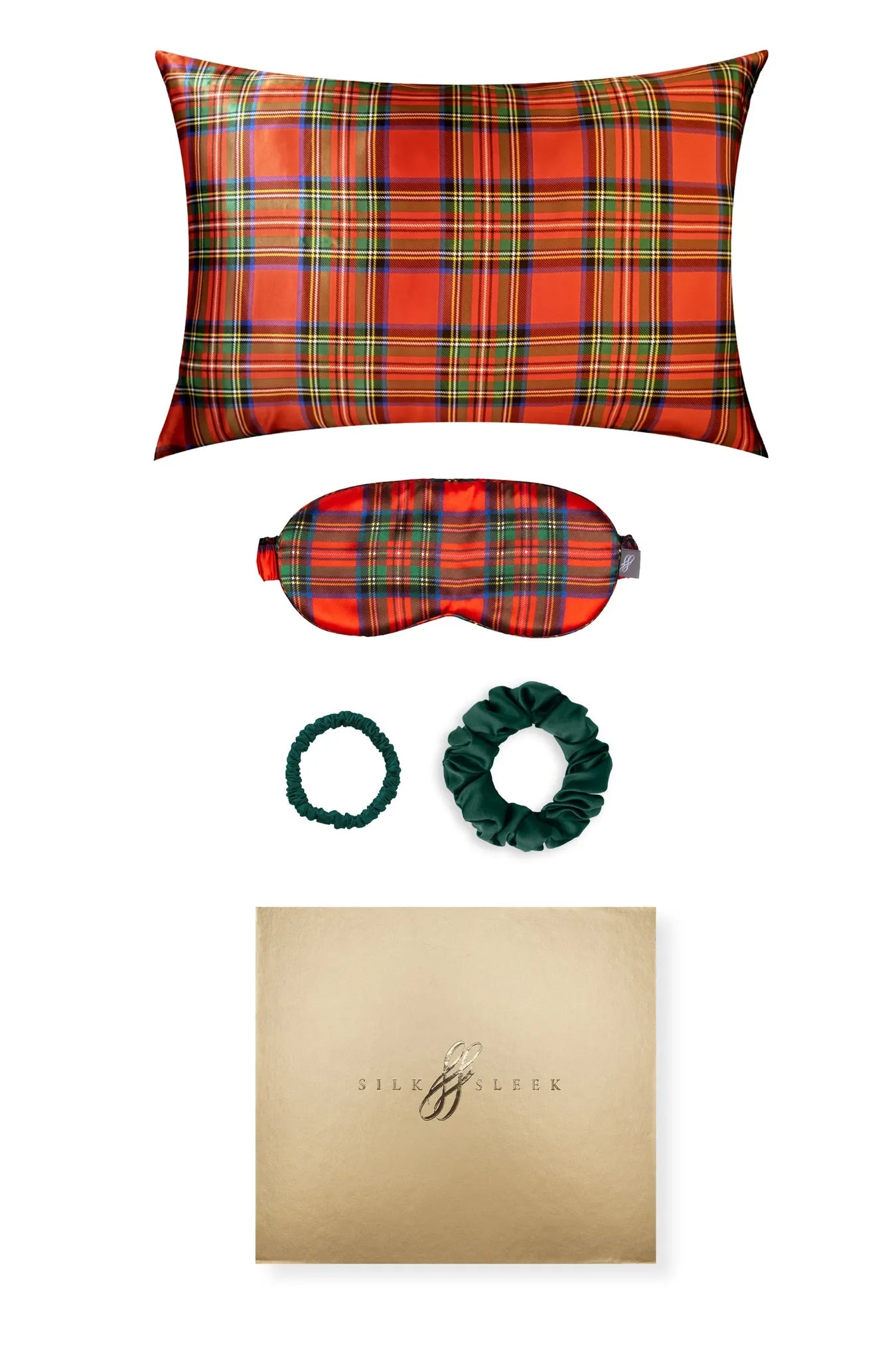 Tartan Red Silk Gift Set - 22 Momme Mulberry Silk Pillowcase Eye Mask Scrunchies UK