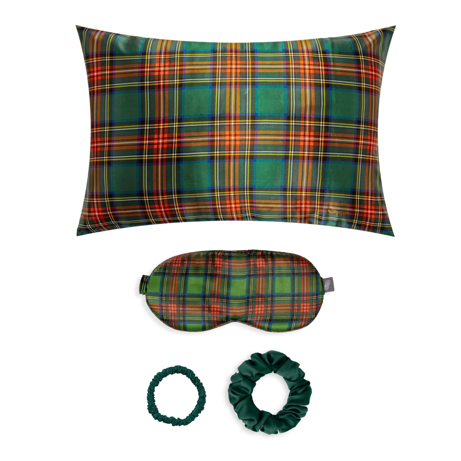 Tartan Green Silk Gift Set - 22 Momme Mulberry Silk Pillowcase Eye Mask Scrunchies UK
