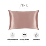 a pink silk pillowcase with three icons representing different features: temperature regulating, gift-ready packaging, and hypoallergenic.
