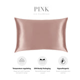 a pink silk pillowcase with three icons representing different features: temperature regulating, gift-ready packaging, and hypoallergenic.