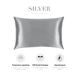 a silver silk pillowcase with various features highlighted, including temperature regulating, gift-ready packaging, and hypoallergenic properties.