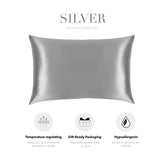 a silver silk pillowcase with various features highlighted, including temperature regulating, gift-ready packaging, and hypoallergenic properties.