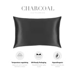 a black silk pillowcase with a few descriptive text elements.